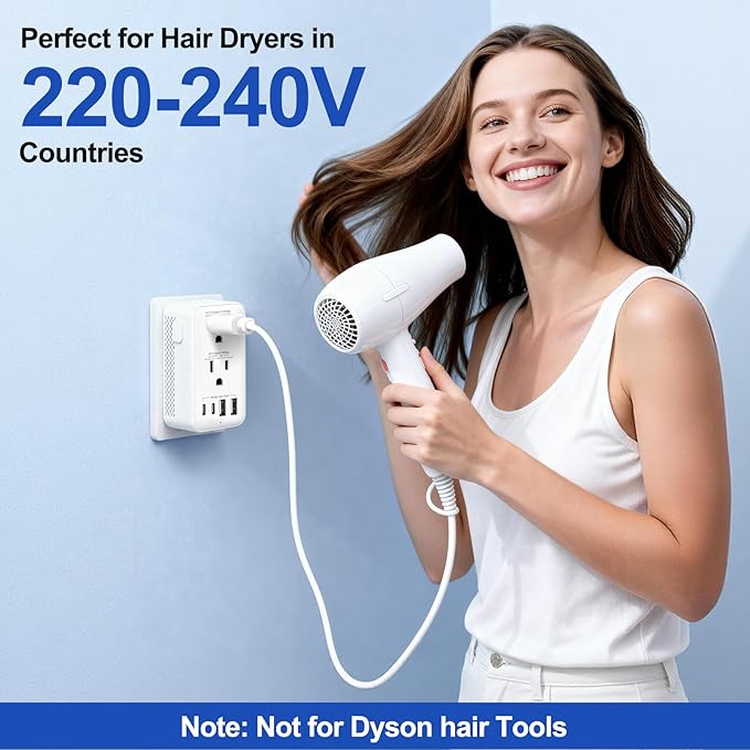 Voltage Converter US to Europe, 220V to 110V Step Down Converter for Travel, 2500W Power Converter Adapter Combo with USB-A USB-C and UK/AU/US/IT/EU Travel Plug Adapters, Hair Dryer Compatible