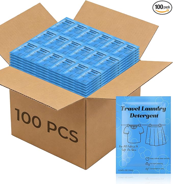 100 Pack Travel Laundry Detergent Bulk, Portable Single Use Liquid Laundry Soap, Verbena Scented, 10ml TSA Approved Travel Size for Traveler, Cruise, Hostel & Camping Essentials