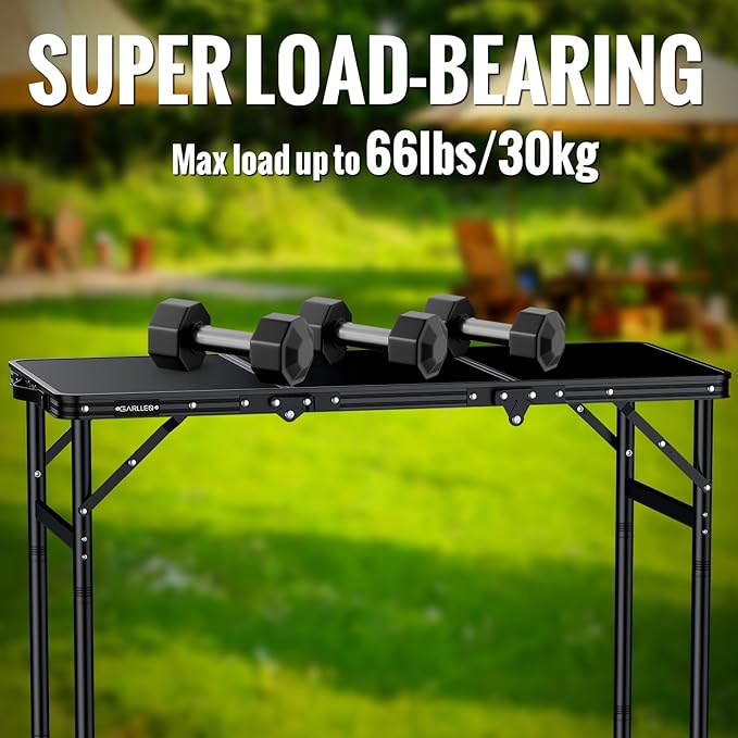 GARLLEN Folding Camping Table, 3 Adjustable Height Lightweight Folding Picnic Table, Aluminum Portable Foldable Outdoor Table for Grill, Camping, Grill, Threaded Install, 35.4" L x 15.7" W, Black