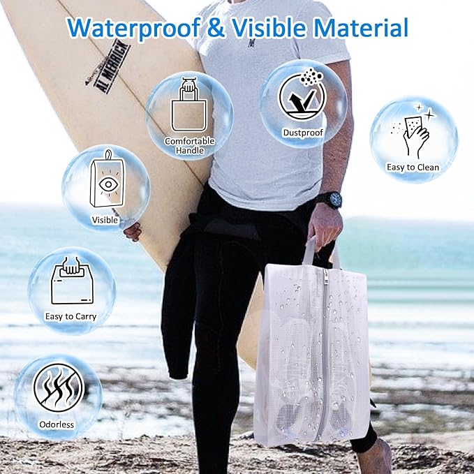 SelfTek Shoe Bags for Travel, 6 Pack 3 Size Double-Sided Zipper Shoe Bag for Men & Women, Waterproof Portable Shoe Storage Pouch with Handle, Family Travel Accessories