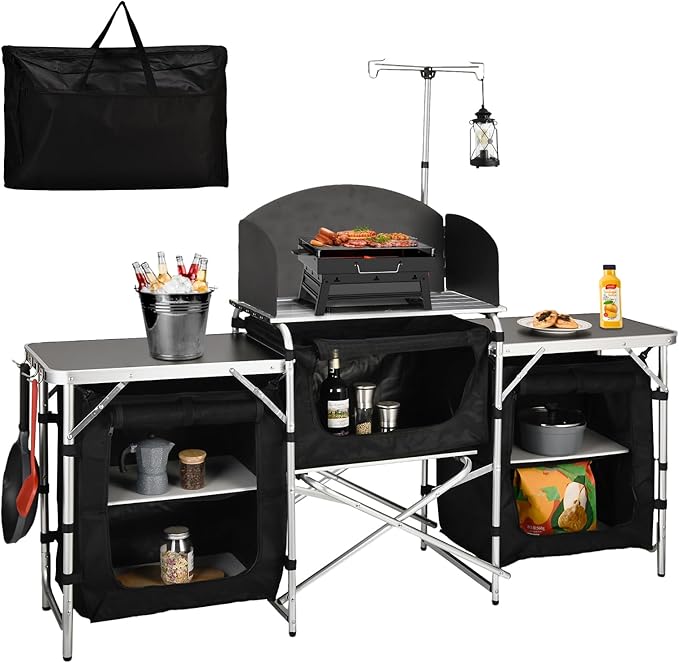 JOUYEK Cmaping KitchenTable, Aluminum Folding Camping Cook Station with Windshield, Upgrade Light Stand, Storage Bag, Quick Installation for Outdoor, Picnic, Cooking