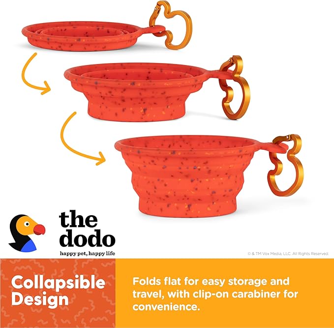 The Dodo Collapsible Dog Bowl, Red; Travel Dog Bowl That Folds Flat and Clips with Carabiner for Easy Storage and Carry