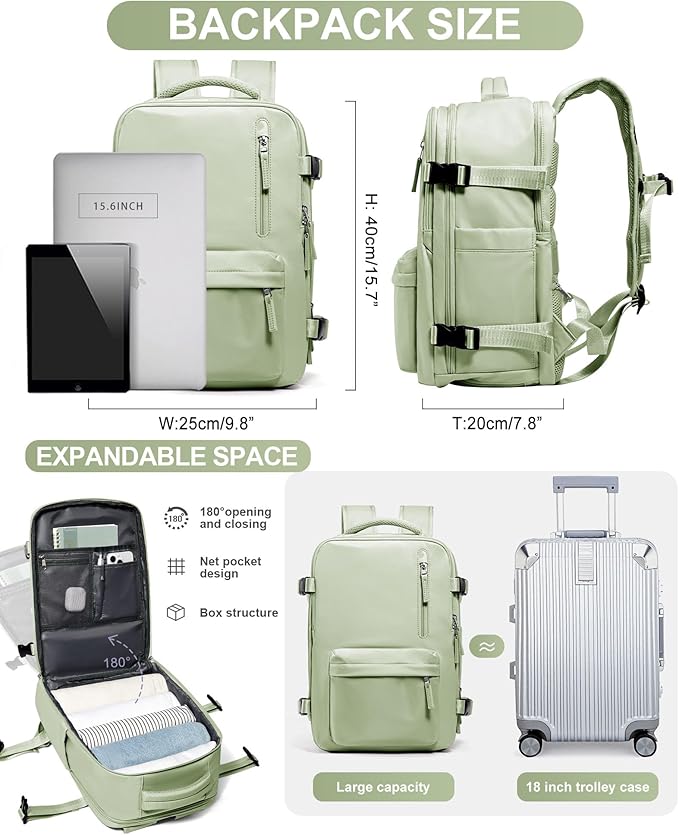 Travel Backpack Women,Carry On Backpack Flight Approved 18x14x8 inches Bag Spirit Airlines Personal ltem,College Sports Hiking Rucksack Waterproof Casual Daypack Laptop Blackpack Men, MintGreen
