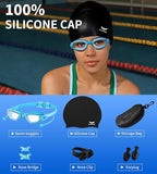 7 in 1 Swim Goggles + Swim Cap for Men Women,No Leak Anti-Fog & UV, Wide Visio HD Mirror PC Lens