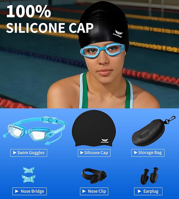7 in 1 Swim Goggles + Swim Cap for Men Women,No Leak Anti-Fog & UV, Wide Visio HD Mirror PC Lens