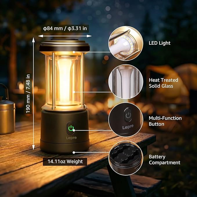 Lepro 1100LM Battery Powered LED Camping Lantern, Waterproof Tent Light with 5 Light Modes, Camping Essentials, Portable Lantern Flashlight for Camping, Emergency Light, Power Outage, Not Rechargeable