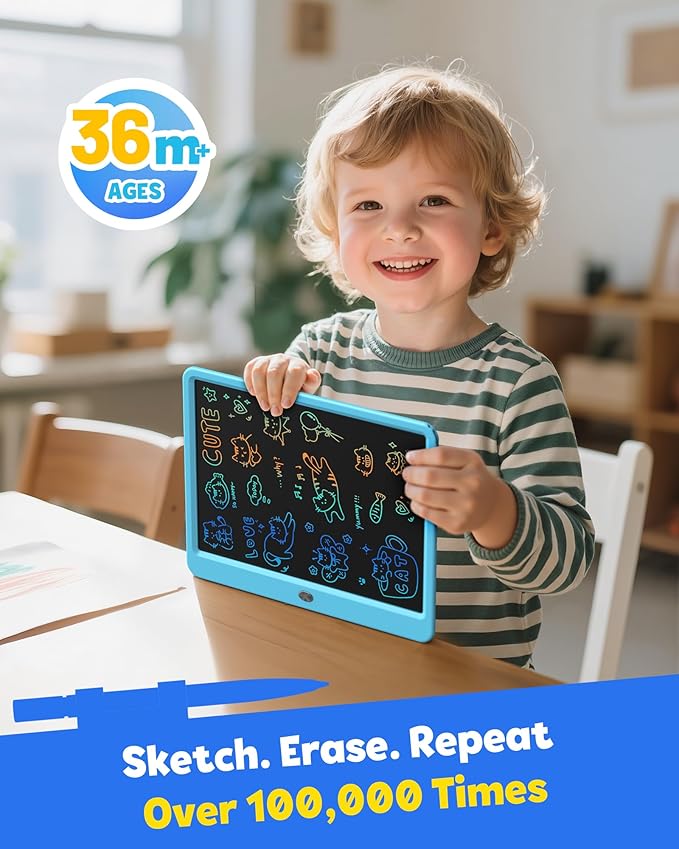 TEKFUN 12 Inch LCD Writing Tablet for Kids, Coloring Drawing Pad, Mess Free Doodle Board, Airplane Travel Toys for Boys and Toddlers, Road Trip Essentials, Gifts for 3 4 5 6 7 8 Year Old Girls(Blue)