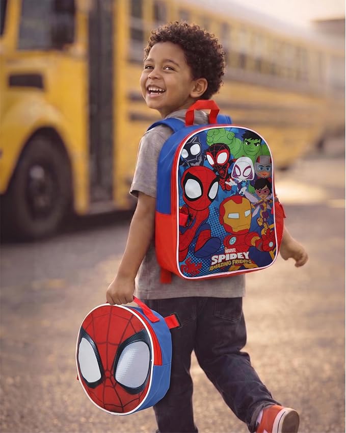 Fast Forward Spider-Man Boys Backpack and Lunch Box Set - 2 Piece 15'' School Backpack with Detachable Lunch Bag, Size One Size, Spidey and Friends Multi