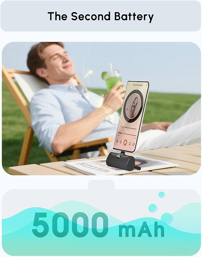 Small USB C Power Bank with Foldable Stand for iPhone 17/Samsung Galaxy S25, Palm-Sized Portable Charger External Battery Charger for Andoid, 5000mah Battery Pack with Digital Display-Black
