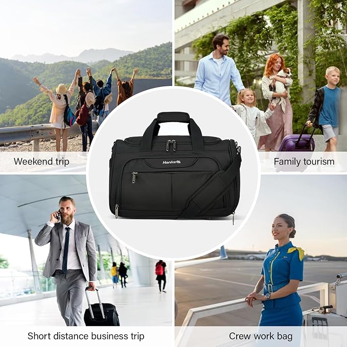 Hanke Large Capacity Travel Duffel Bag, Carry On Luggage with 12 Pockets, 17 Inch Laptop Compartment, Wet Dry Separation & Independent Shoe Bag, Lightweight Foldable Duffel Bag for Women Men（Black）