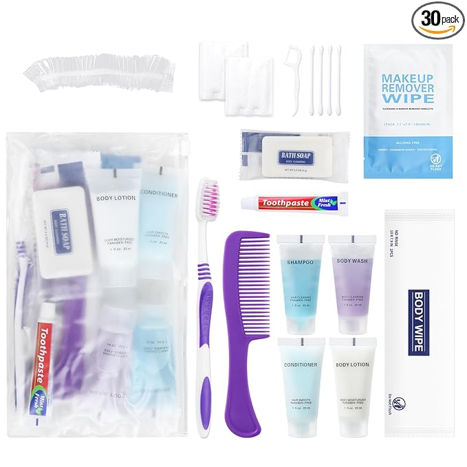 Pack of 30 Basic Toiletry Kits, Individually Packed, Personal Hygiene Kit Bulk Homeless Care Package Supplies, Travel Size Convenience Kits Suitable For Hotel, Home, Camping, Travel