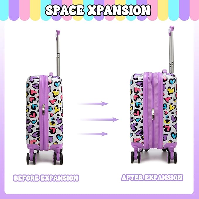 Kids Luggage with Spinner Wheels 5 Piece Carry on Suitcases for Girls Backpack with Lunch Box Pencil Case 16" Toddler Suitcase Set Airline Approved (Bainbow Leopard)