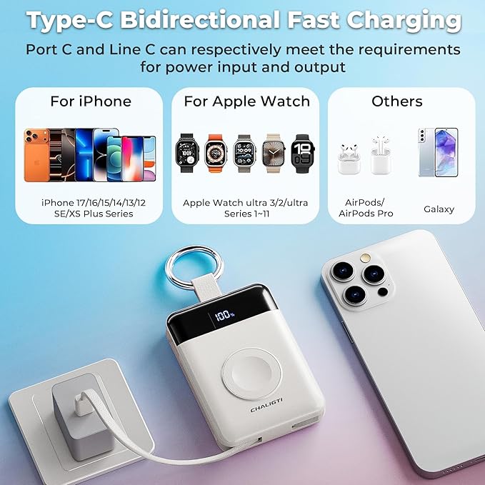 Portable Charger,5000mAh PD 20W Super Fast Charging Power Bank with Built-in Cables,Travel Keychain Battery Pack for Apple Watch Ultra/11/10/9/8/7/6/SE,iPhone 17/16/15/14/13/12 (White)