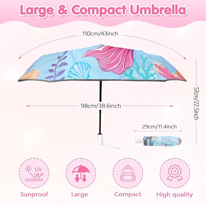 Kids Folding Umbrella Auto Open/Close Umbrellas for Rain Round Corner Safe Design UV Resistant Automatic Children Travel Umbrellas Reinforced Canopy 360° Reflective Strip Lightweight for Girls & Boys