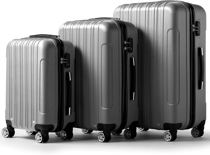 3 Piece Luggage Sets, Lightweight ABS Suitcase with 4 Spinner Wheels ＆ TSA Locks, Hardside Carry On Luggage Durable Suitcase Set for Family Travel Business - Grey, 20/24/28
