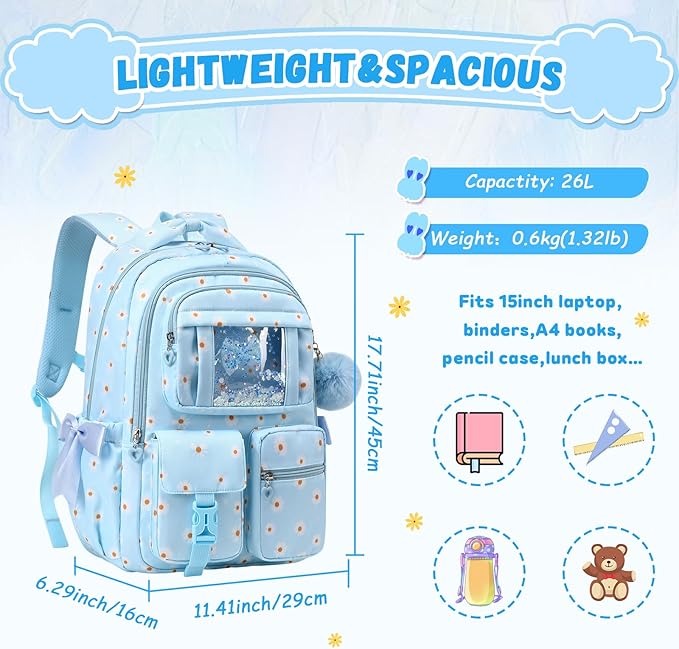 PIG PIG GIRL Kids Backpack for Girls - School Bags for Middle School Students - Book Bag for Elementary Primary - Kawaii Ita Backpack - Blue Daisy