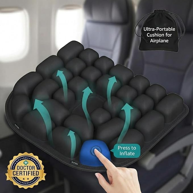 Inflatable Travel Seat Cushion for Airplane - Portable Air Pad with Built-in Pump for Long Flights & Car Rides - Ergonomic Tailbone Pain Relief for Office Chair, Wheelchair, Stadium