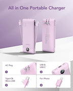 VEGER Portable Charger with Built-in AC Plug and Cables, All in One 10000mAh Ultra Slim Power Bank Travel Essentials, Fast Charging Battery Pack Compatible with iPhone, Samsung, Android (Purple)