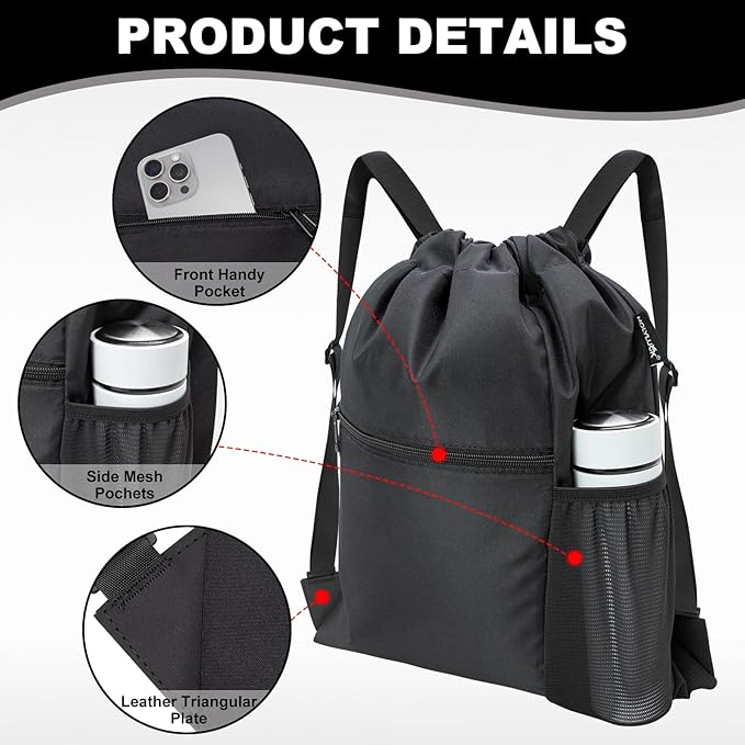 HOLYLUCK Men & Women Outdoor Sport Gym Sack Waterproof Drawstring Backpack Bag (Standard with width webbing, Black-1)