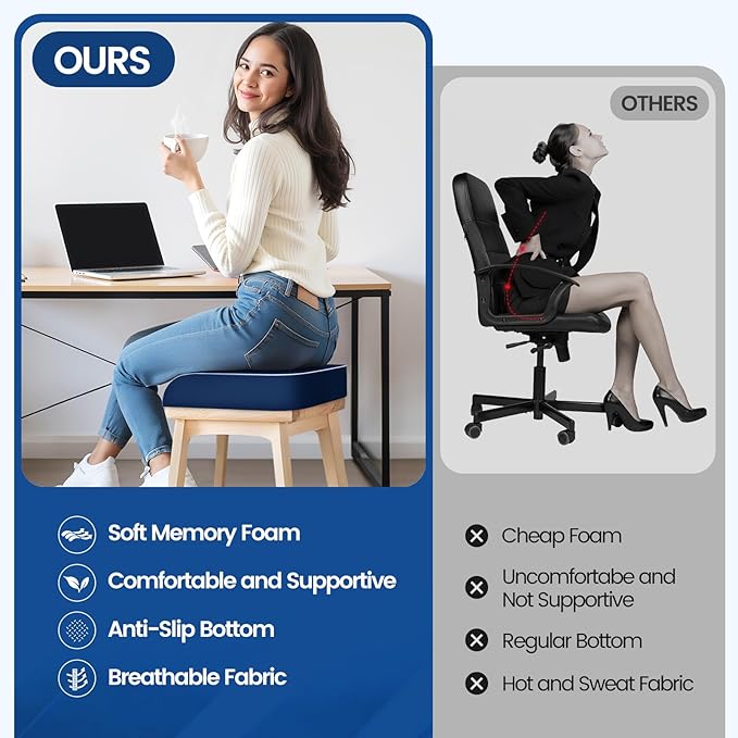 SweetSlubr Seat Cushion for Tailbone Pain Relief, Office Chair Cushion, Memory Foam Large Chair Cushion with Non-Slip Cover for Soft Support at Office Chair, Car Seat, Airplane Drak Blue/2X-Large