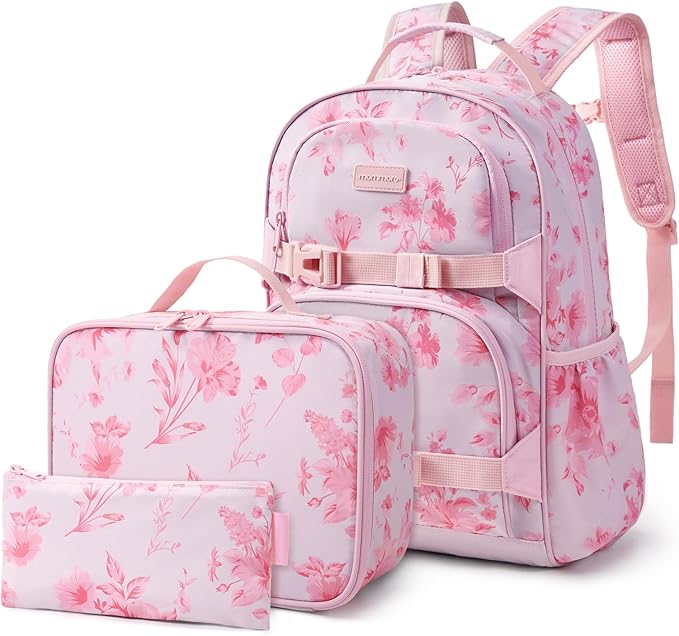 mommore Kids Backpack for Girls 4-8 with Lunch Box Elementary Kindergarten Preschool School Backpack 15'' Fit Folders Bottles,Light Pink Flower
