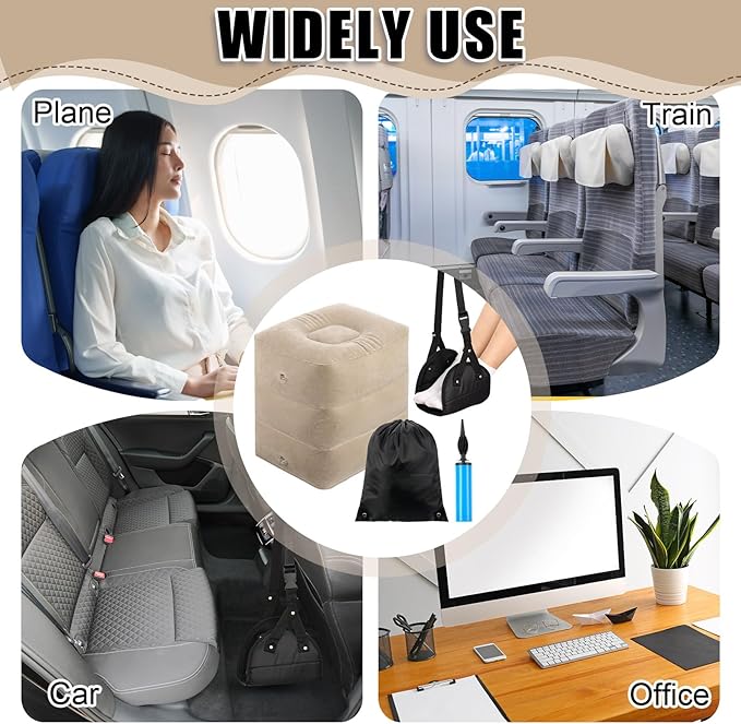 Drydiet 2 Pcs Inflatable Foot Rest Pillow, 2 in 1 Airplane Foot Hammock for Travel, Adjustable 3 Layers Leg Rest Pillow with Pump and Storage Bag Portable for Flights Comfort, Travel Accessories