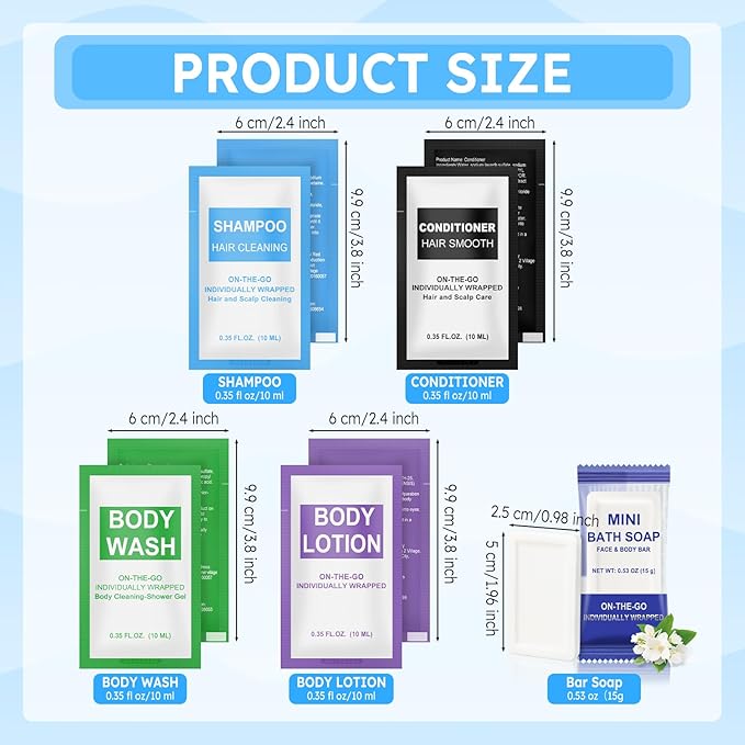 50 Pcs 5-IN-1 Hotel Soaps and Toiletries Bulk Set,5-Piece Set 0.35 oz each Packets Shampoo,Conditioner, Body Wash and Lotion,0.53 oz Soap Mini Travel Size Toiletries Supplies kit for Guests,Homeless