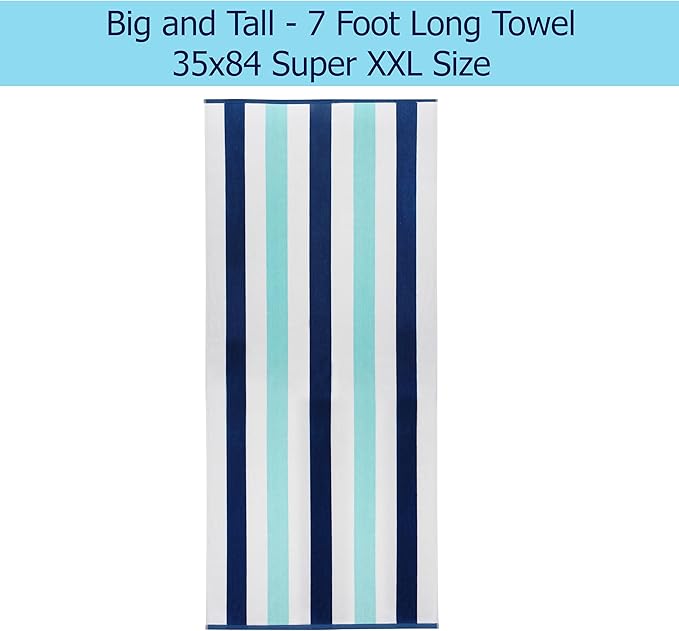 COTTON CRAFT Oversized Beach Towels - 2 Pack XXL 35x84 - The Big Kahuna 7 Foot Extra Large Beach Blanket Towel - Big & Tall - Huge 100% Cotton Velour Plush Soft Luxury Towel - Cabana Stripe Blue