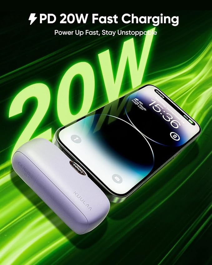 Kuulaa Portable Charger with Built-in Lightning Cable 5000mAh Small iPhone Fast Charging Mini Portable Phone Charger for iPhone 14/13/13 Pro/12/12 Pro/11/XR/XS/X/8/7/6, Purple