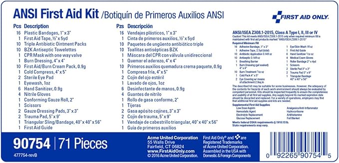 First Aid Only 90754 Bulk ANSI A 10-Person Emergency First Aid Kit for Home, Work, and Travel, 71 Pieces