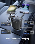 SUPERONE Smaller 4 in 1 Retractable Car Charger with Dual Type C Cords, 69W Fast Retractable USB C Car Charger, Car Accessories Car Chargers for iPhone 17 16 15 14 13 12 Galaxy Pixel