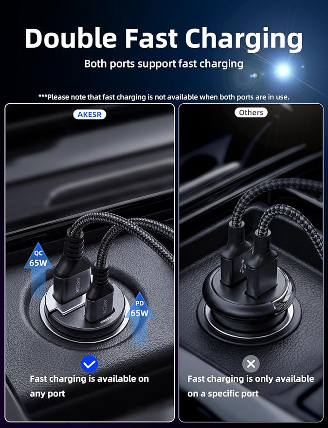 AKESR 65W USB C Car Charger Fast Charging，12V USB Outlet Accesorios para Carro，Cigarette Lighter USB Charger，Car Phone Charger for iPhone/17/16/15/14/13 Samsung S25 S24 S23Google Android