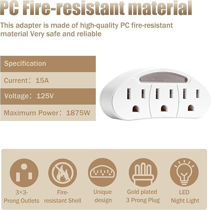 3-Prong 3-Outlet Plug Wall Mount Extender 2 Pack, 3-Prong to 3-Prong 3 Side Outlet Plug Splitter Converter, Multi Plug Outlet Spaced Adapter with Light-Sensing/Warm Night Light, ETL Listed, White