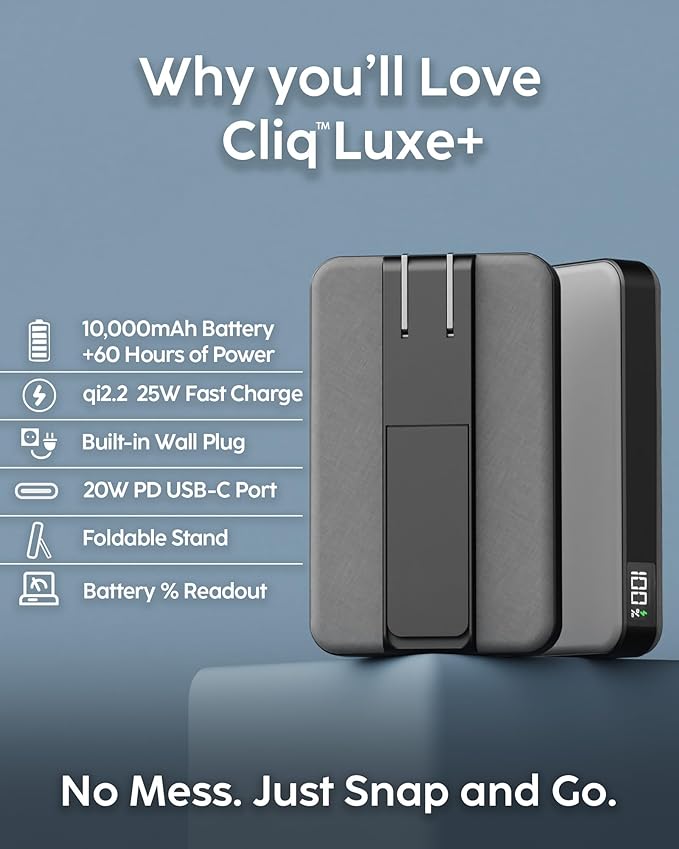 myCharge CliqLuxe+ Magnetic Wireless Power Bank 10,000mAh | iPhone & MagSafe Compatible | Qi2.2 25W Mag Safe Portable Charger | Built-in Wall Plug & Stand | 20W PD USB-C Port | Premium Grey Fabric