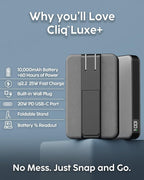 myCharge CliqLuxe+ Magnetic Wireless Power Bank 10,000mAh | iPhone & MagSafe Compatible | Qi2.2 25W Mag Safe Portable Charger | Built-in Wall Plug & Stand | 20W PD USB-C Port | Premium Grey Fabric