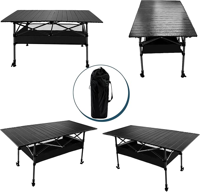 Camping Table Folding Portable Table 47.24” X 21.65” Roll-up Picnic Table with 2 Adjustable Height for Picnic, Camping, Beach, BBQ, Party, Backyard, Black