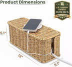 Cable Management Box, Handmade Rattan Cable Organizer with 2 Open Slots, Cord Hider for Power Strip, Router & USB Hub, Registered U.S. Design Patent (D1,112,102), 13" x 5.1" x 5.1", Natural