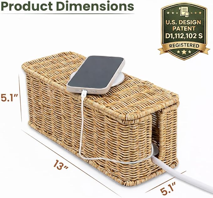 Cable Management Box, Handmade Rattan Cable Organizer with 2 Open Slots, Cord Hider for Power Strip, Router & USB Hub, Registered U.S. Design Patent (D1,112,102), 13" x 5.1" x 5.1", Natural