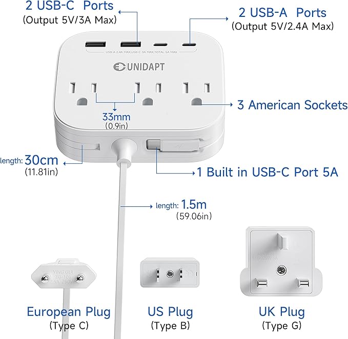 UK European Plug Adapter, Unidapt US to Europe Power Strip for EU/UK/US with Built in USB C Cord and 4 USB Ports, 3 AC Outlets, Wall Mountable, 5ft Extension Cord, for Travel Cruise Ship Home
