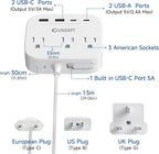 UK European Plug Adapter, Unidapt US to Europe Power Strip for EU/UK/US with Built in USB C Cord and 4 USB Ports, 3 AC Outlets, Wall Mountable, 5ft Extension Cord, for Travel Cruise Ship Home