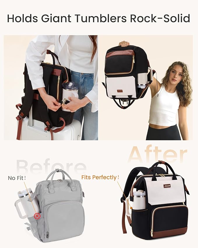 LOVEVOOK Laptop Backpack for Women with Giant Tumbler Holder Pocket, 15.6 inch Travel Work Backpack Purse for Nurse Teacher, Waterproof School Bag College Bookbag Cute Casual Daypack for Girls Black