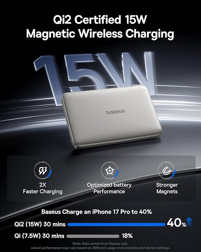 Baseus Picogo Magsafe Portable Charger, Qi2 15W 0.5" Ultra Slim 10000mAh Wireless Power Bank, 27W Fast Charging Magnetic Battery Pack with USB-C for iPhone 17 Pro Max/17 Pro/Air/16/15/14/13/12