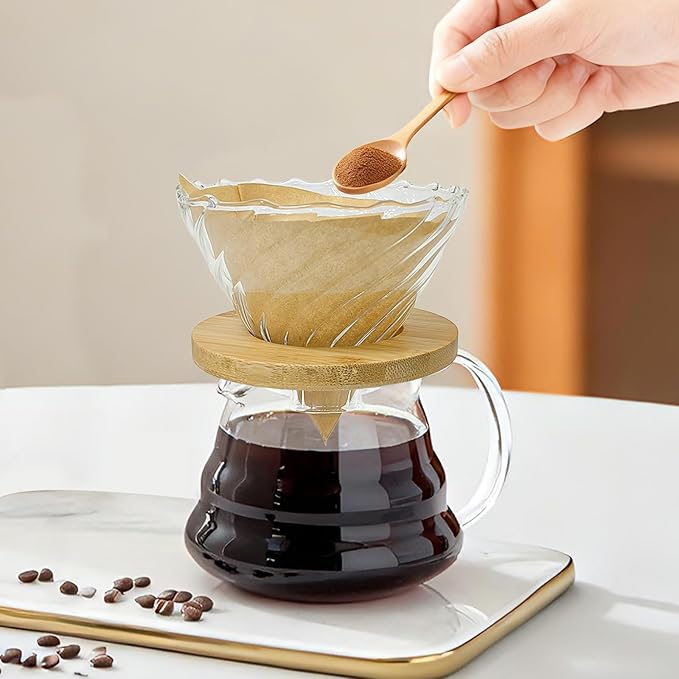 Gute Glass Coffee Dripper/Filter - Cone Glass Pour Over Coffee Dripper with Bamboo Stand & Handle, Size V02 Coffee Maker Funnel Accessories for Home, Office，1-4Cups