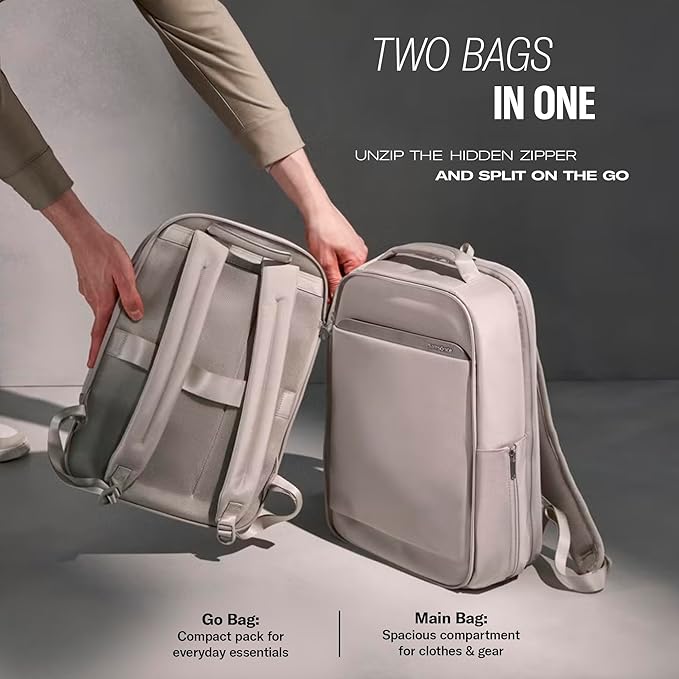 Samsonite Paralux 2-in-1 Travel Backpack, Converts into Main Bag + Go Bag, Lay-Flat Packing, StackIt™ Strap, Laptop Sleeve & Integrated AirTag™ Holder - Business & Adventure Travel Bag - Black