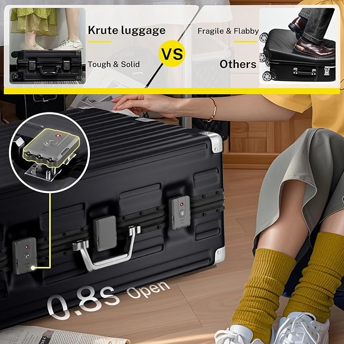 Krute Zipperless Luggage Set 2 Pieces Aluminum Frame Suitcase Sets Polycarbonate Hard Shell Luggage TSA Lock Checked Suitcase with Spinner Wheels Black