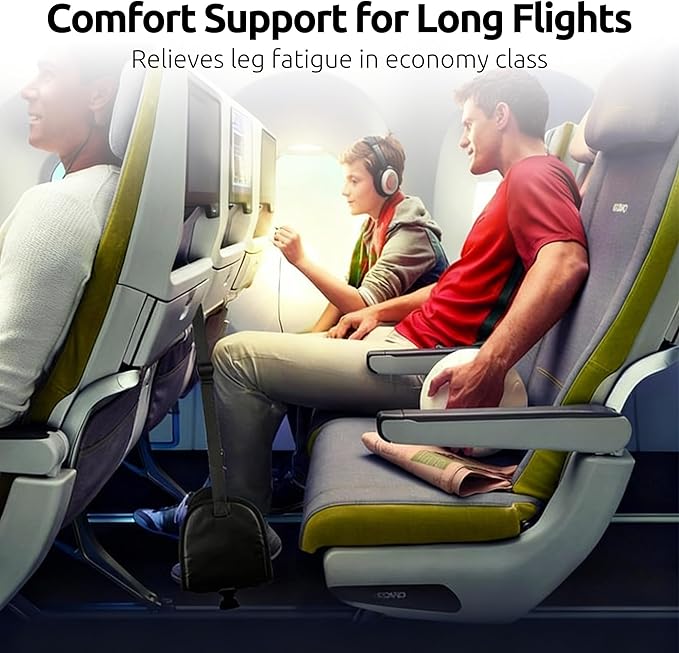 Airplane Foot Hammock for Plane Travel, Adjustable Footrest with 3 Height Positions, Soft Memory Foam Leg Support for Long Flights, Travel Foot Rest with Eye Mask & Earplugs