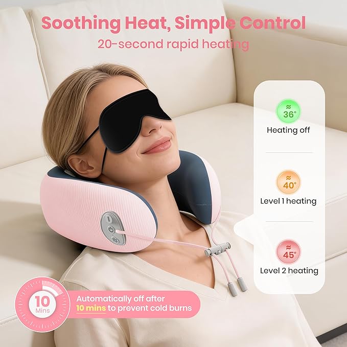 Medicane Pink Neck Travel Pillow with Massage, Neck Massager with Heat & Gentle Vibration Massage with Ergonomic Foam,Perfect for Airplane,Car,Office,Pain Relief,Sleeping,Traveling,Long Flight