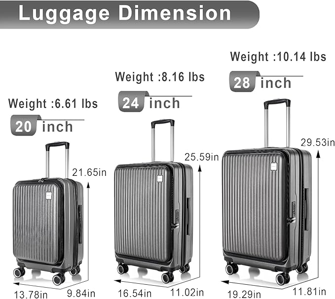 Luggage Sets 3 Piece, ABS Lightweight 20in/24in/28in Luggage, Expandable Carry On Suitcase Set with TSA Lock & Double Wheels, Front Open Hardshell Luggage Sets (Grey)
