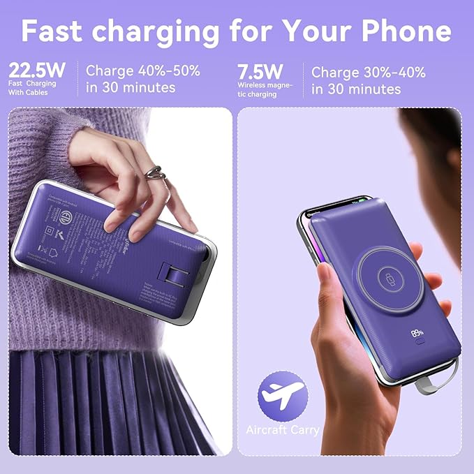 Magnetic 10000mAh Portable Charger for iWatch & iPhone, PD Fast Charging Wireless Power Bank Built-in Cables and Wall Plug, External Travel Battery Pack Compatible with iOS Android Phones