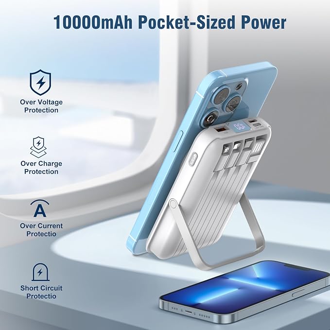 Wireless Portable Charger 10000mAh,Magnetic Power Bank with Built-in Cables LED Display,22.5W PD Fast Charging for Magsafe Battery Pack Compatible with iPhone16/15/14/13/12/Pro/Pro Max (White)